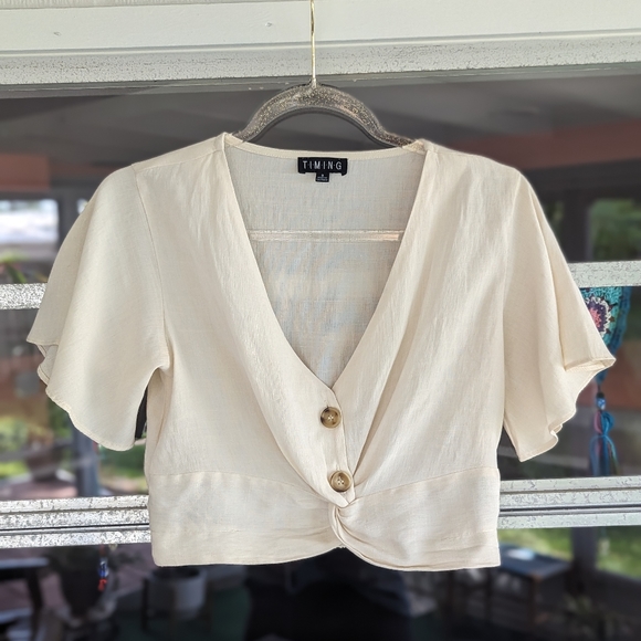 Vintage 90s Timing Crop Top Off White Linen Short Sleeve Peasant V-neck Button - Picture 5 of 8